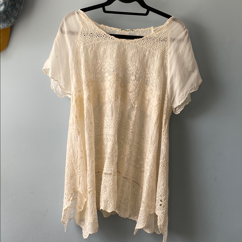 Johnny Was Boho Chic Cream Lace Embroidered Women's Tunic Top